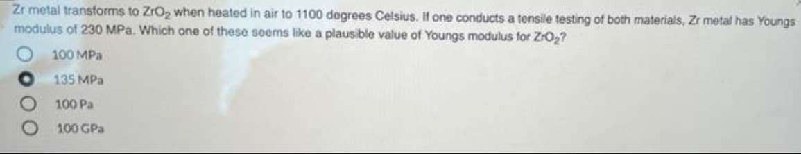 Zr metal transforms to ZrO2 when heated in air to 1100 degrees Celsius. If one conducts a tensile testing of both materials, Zr metal has Youngs
modulus of 230 MPa. Which one of these soems like a plausible value of Youngs modulus for ZrO2?
100 MPa
135 MPa
100 Pa
100 GPa
