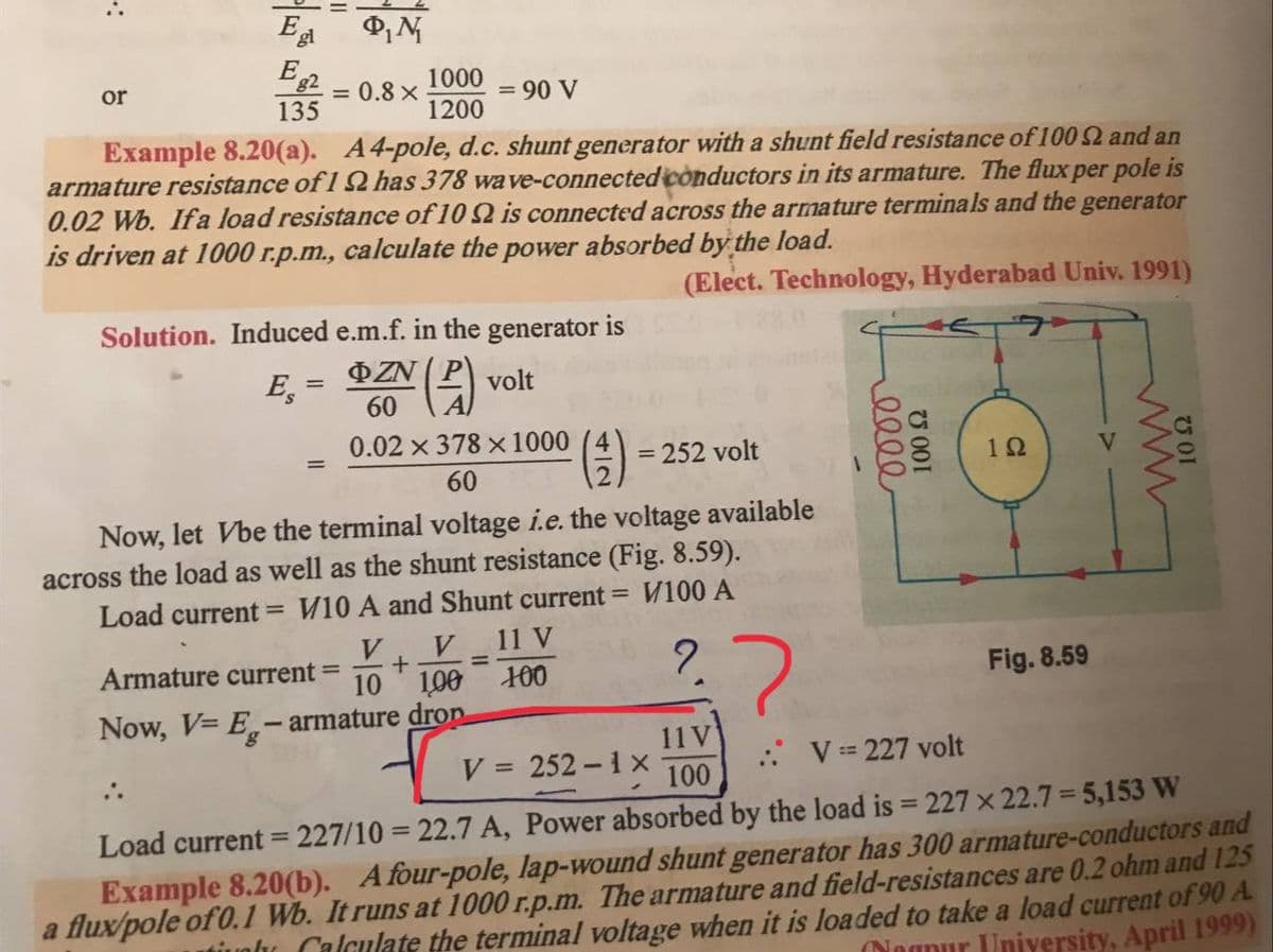 Egi ΦΜ
Eg2
or
= 0.8 x
1000
1200
= 90 V
135
Example 8.20(a). A4-pole, d.c. shunt generator with a shunt field resistance of 100 $2 and an
armature resistance of 1 9 has 378 wave-connected conductors in its armature. The flux per pole is
0.02 Wb. If a load resistance of 10 2 is connected across the armature terminals and the generator
is driven at 1000 r.p.m., calculate the power absorbed by the load.
(Elect. Technology, Hyderabad Univ. 1991)
Solution. Induced e.m.f. in the generator is
E =
OZN
60
(²)
volt
0.02 × 378 x 1000
(²)
= 252 volt
192
60
Now, let Vbe the terminal voltage i.e. the voltage available
across the load as well as the shunt resistance (Fig. 8.59).
Load current = V10 A and Shunt current =
V100 A
11 V
=
V V
+
10 100 100
2.7
-
Fig. 8.59
Armature current
Now, V= E-armature dron
11 V
V = 252-1 x
:: V = 227 volt
100
Load current = 227/10 = 22.7 A, Power absorbed by the load is = 227 x 22.7-5,153 W
Example 8.20(b). A four-pole, lap-wound shunt generator has 300 armature-conductors and
a flux/pole of 0.1 Wb. It runs at 1000 r.p.m. The armature and field-resistances are 0.2 ohm and 125
inly Calculate the terminal voltage when it is loaded to take a load current of 90 A
Nogpur University, April 1999)
elle
100 92
www
VOI