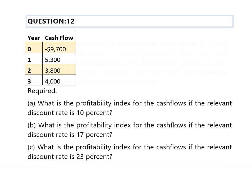 QUESTION: 12
Year Cash Flow
0
-$9,700
1
5,300
2
3,800
With only debt and common
3 4,000
the del
Required:
(a) What is the profitability index for the cashflows if the relevant
discount rate is 10 percent?
(b) What is the profitability index for the cashflows if the relevant
discount rate is 17 percent?
(c) What is the profitability index for the cashflows if the relevant
discount rate is 23 percent?