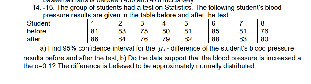 14.-15. The group of students had a test on Statistics. The following student's blood
pressure results are given in the table before and after the test:
Student
1
2
3
4
5
6
7
8
before
81
83
75
80
81
85
81
76
after
86
84
76
79
82
88
83 80
a) Find 95% confidence interval for the
difference of the student's blood pressure
results before and after the test, b) Do the data support that the blood pressure is increased at
the a=0.1? The difference is believed to be approximately normally distributed.