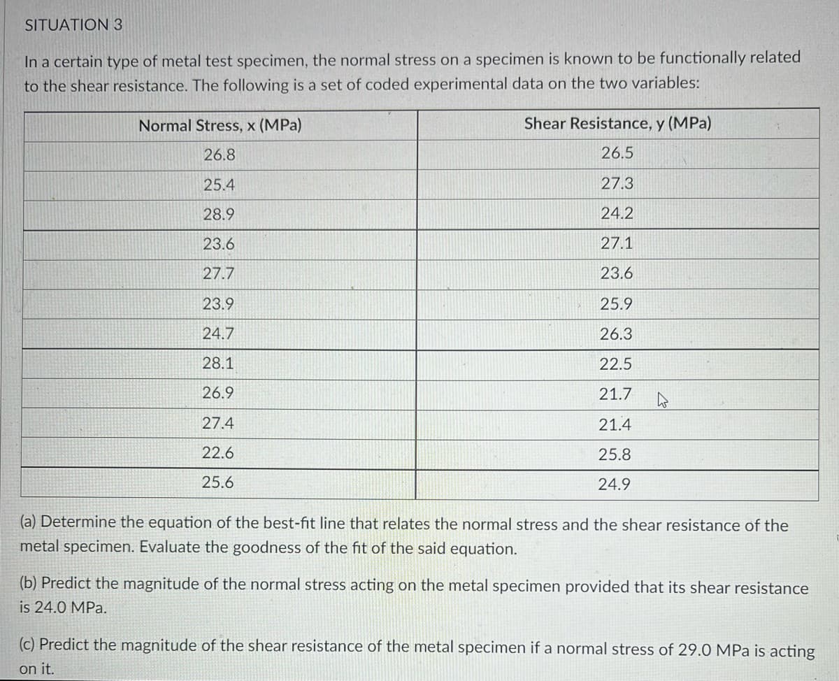 SITUATION 3
In a certain type of metal test specimen, the normal stress on a specimen is known to be functionally related
to the shear resistance. The following is a set of coded experimental data on the two variables:
Normal Stress, x (MPa)
Shear Resistance, y (MPa)
26.8
26.5
25.4
27.3
28.9
24.2
23.6
27.1
27.7
23.6
23.9
25.9
24.7
26.3
28.1
22.5
26.9
21.7
27.4
21.4
22.6
25.8
25.6
24.9
(a) Determine the equation of the best-fit line that relates the normal stress and the shear resistance of the
metal specimen. Evaluate the goodness of the fit of the said equation.
(b) Predict the magnitude of the normal stress acting on the metal specimen provided that its shear resistance
is 24.0 MPa.
(c) Predict the magnitude of the shear resistance of the metal specimen if a normal stress of 29.0 MPa is acting
on it.
