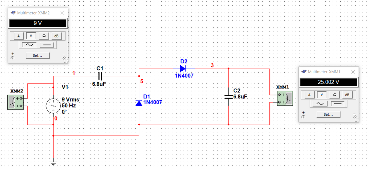 Multimeter-XMM2
9 V
A
dB
Set...
D2
·3
C1
Multimeter-XMM1
IN4007
25.002 V
6.8uF
V1
XMM1
XMM2
C2
=6.8uF
D1
1N4007
dB
9 Vrms
50 Hz
0°
Set...
