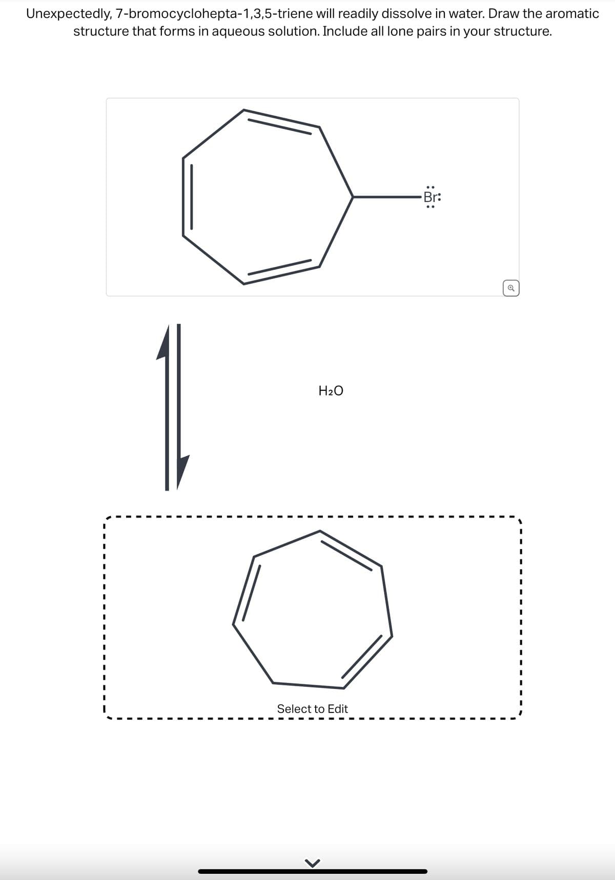 Unexpectedly, 7-bromocyclohepta-1,3,5-triene will readily dissolve in water. Draw the aromatic
structure that forms in aqueous solution. Include all lone pairs in your structure.
H₂O
Select to Edit
>
::
Br:
I
I
I
I
I