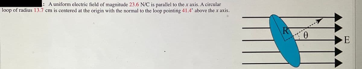 : A uniform electric field of magnitude 23.6 N/C is parallel to the x axis. A circular
loop of radius 13.7 cm is centered at the origin with the normal to the loop pointing 41.4° above the x axis.
R
THE
0
E