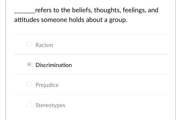 refers to the beliefs, thoughts, feelings, and
attitudes someone holds about a group.
O Racism
Discrimination
Prejudice
O Stereotypes
