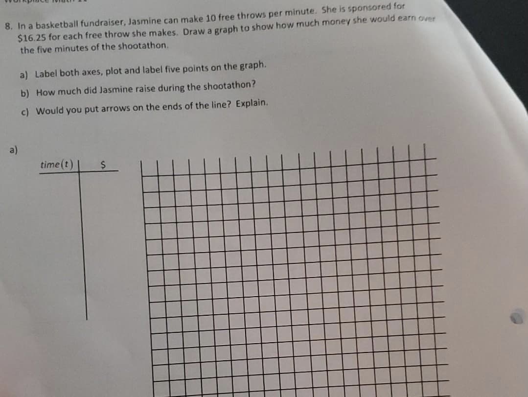 8. In a basketball fundraiser, Jasmine can make 10 free throws per minute. She is sponsored for
$16.25 for each free throw she makes. Draw a graph to show how much money she would earn over
the five minutes of the shootathon.
a) Label both axes, plot and label five points on the graph.
b) How much did Jasmine raise during the shootathon?
c) Would you put arrows on the ends of the line? Explain.
a)
time (t)
