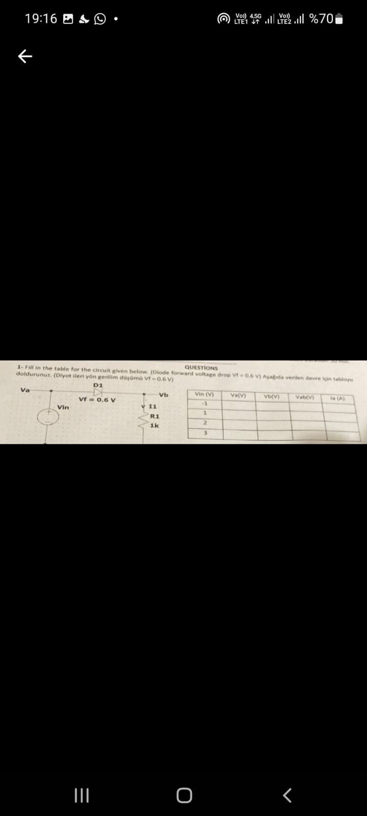 19:16 B
留 三l %70曲
Vo)) 4,50
Vo)
1- Fill in the table for the circuit given below. (Diode forward voltage drop Vt 0.6 V) Asagda verilen devre için tabloy
doldurunuz. (Diyot ileri yön gerilim düsomo vt-0.6 V)
QUESTIONS
D1
Va
Vin (V)
Va(V)
Vb(V)
Vf = 0.6 V
Vb
Vab(V)
la A)
-1
Vin
I1
1.
R1
2.
1k
3
II
