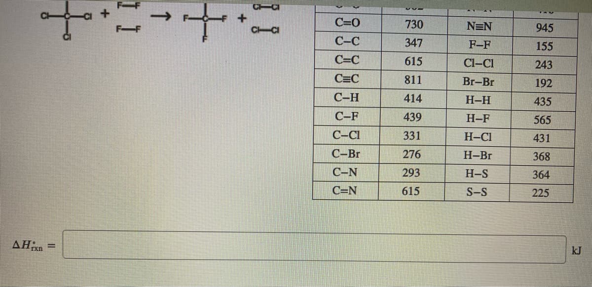 of
4.
C=0
730
N=N
945
C-C
347
F-F
155
C=C
615
Cl-Cl
243
C=C
811
Br-Br
192
С-Н
414
H-H
435
С-F
439
H-F
565
C-CI
331
H-CI
431
С-Br
276
Н-Br
368
С-N
293
H-S
364
C=N
615
S-S
225
AH =
kJ
