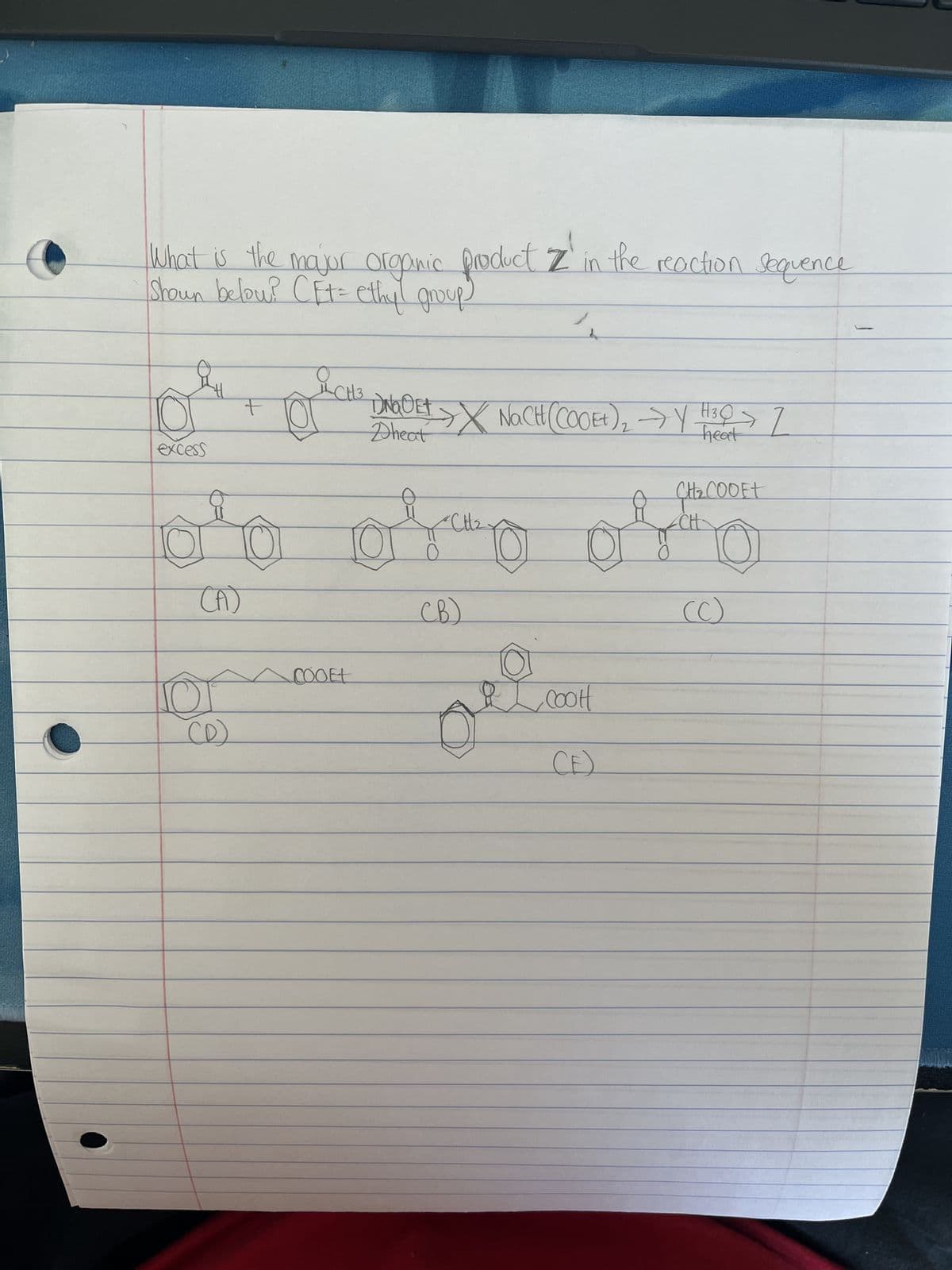 What is the major organic product Zin the reaction sequence
Shown below? CFt= ethyl group)
요새
TOT
excess
+
a
CH3
DNQ OE+ X NaCH (COOE+)₂ → Y HOD Z
2
20heat
heat
요
10
ого от уста
(A)
(B)
COOEt
A
0 0 0
(C)
COOH
CH₂ COOFT
CH
CE