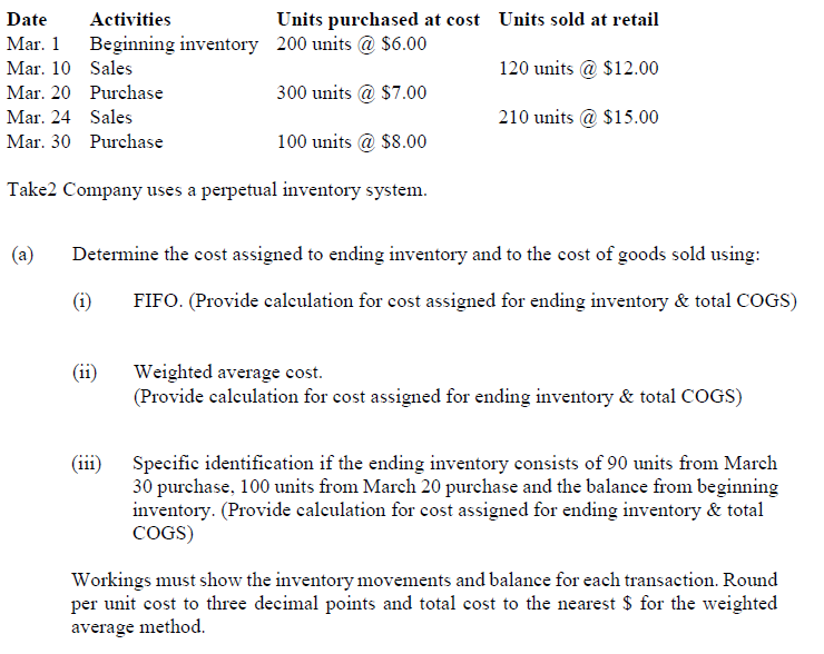 Date Activities
Mar. 1
Mar. 10
Mar. 20
Mar. 24
Mar. 30 Purchase
Beginning inventory 200 units @ $6.00
Sales
Purchase
300 units @ $7.00
Sales
100 units @ $8.00
Take2 Company uses a perpetual inventory system.
(a) Determine the cost assigned to ending inventory and to the cost of goods sold using:
FIFO. (Provide calculation for cost assigned for ending inventory & total COGS)
(1)
Units purchased at cost Units sold at retail
120 units @ $12.00
210 units @ $15.00
(11)
(111)
Weighted average cost.
(Provide calculation for cost assigned for ending inventory & total COGS)
Specific identification if the ending inventory consists of 90 units from March
30 purchase, 100 units from March 20 purchase and the balance from beginning
inventory. (Provide calculation for cost assigned for ending inventory & total
COGS)
Workings must show the inventory movements and balance for each transaction. Round
per unit cost to three decimal points and total cost to the nearest $ for the weighted
average method.