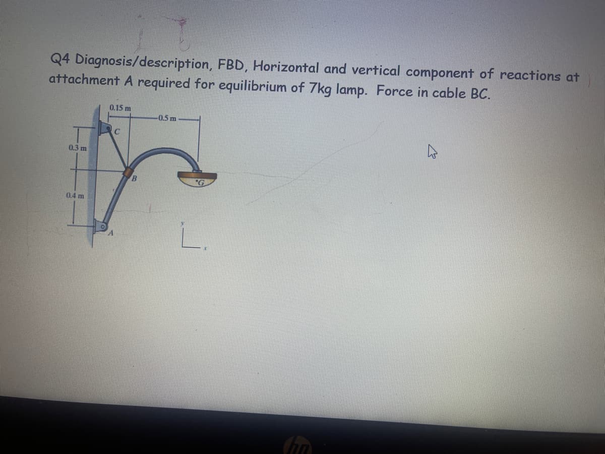 Q4 Diagnosis/description, FBD, Horizontal and vertical component of reactions at
attachment A required for equilibrium of 7kg lamp. Force in cable BC.
0.15 m
0.5 m
C
0.3 m
t
B
0.4 m
hn