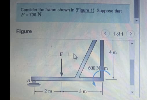 Consider the frame shown in (Figure 1). Suppose that
F = 700 N.
Figure
- 2 m
3 m
600 Nm
1 of 1
4 m