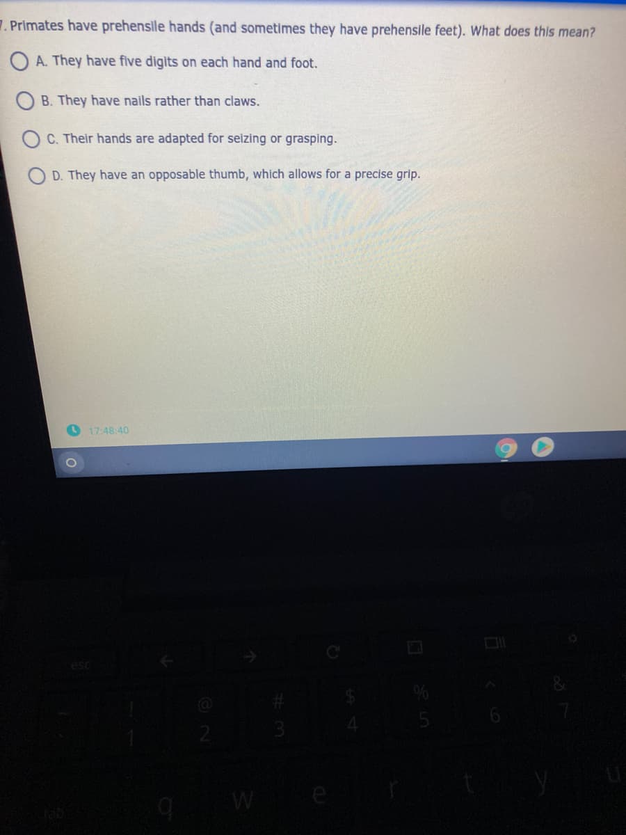7. Primates have prehenslle hands (and sometimes they have prehensile feet). What does this mean?
O A. They have five digits on each hand and foot.
O B. They have nails rather than claws.
C. Their hands are adapted for seizing or grasping.
O D. They have an opposable thumb, which allows for a precise grip.
17:48:40
esc
W
e

