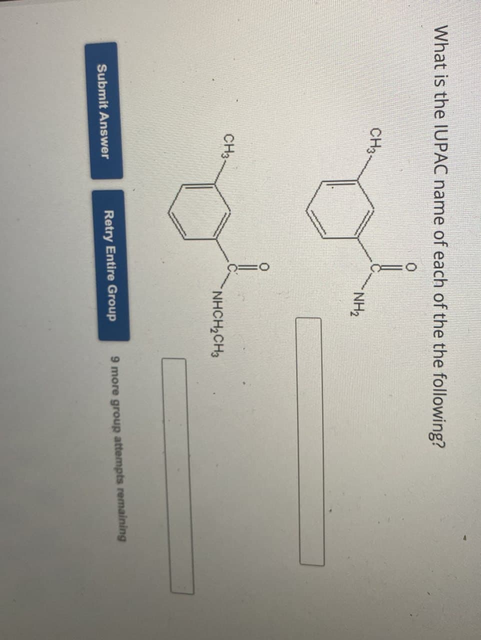 What is the IUPAC name of each of the the following?
CH3-
NH2
CH3-
NHCH2CH3
Submit Answer
Retry Entire Group
9 more group attempts remaining