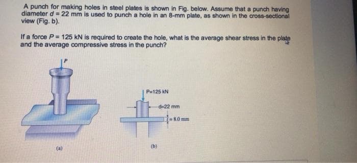 A punch for making holes in steel plates is shown in Fig. below. Assume that a punch having
diameter d = 22 mm is used to punch a hole in an 8-mm plate, as shown in the cross-sectional
view (Fig. b).
If a force P = 125 kN is required to create the hole, what is the average shear stress in the plate
and the average compressive stress in the punch?
P=125 kN
d-22 mm
8.0 mm
(a)
(b)
