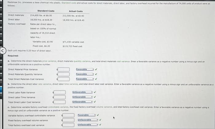 Mackinaw Int. processes a base chemical into plastic. Standard costs and actual costs for direct materials, direct labor, and factory overhead incurred for the manufacture of 74,000 units of product were as
follows:
Standard Costs
214,600 lbs. at $5.00
18,500 hrs, at $18.20
Rates per direct labor hr
based on 100% of normal
capacity of 19,310 direct
labor hrs.
Variable cost, $3.90
Fixed cost, 16.20
Each unit requires 0.25 hour of direct labor.
Required:
Direct materials
Direct labor
Factory overhead
Actual Costs
212,500 lbs. at $5.90
18,930 hrs. at $18.40
$71,430 variable cost
$119,722 fixed cost
a. Determine the direct materials price variance, direct materials
unfavorable variance as a positive number.
Direct Material Price Variance
Direct Materials Quantity Variance
Total Direct Materials Cost Variance
terials quantity variance, and total direct materials cost variance. Enter a favorable variance as a negative number using a minus sign and an
Favorable
Favorable
Favorable
b. Determine the direct labor rate variance, direct labor time variance, and total direct labor cost variance. Enter a favorable variance as a negative number using a minus sign and an unfavorable variance as a
positive number.
Direct Labor Rate Variance
Direct Labor Time Variance
Total Direct Labor Cost Variance
c. Determine variable factory overhead controllable variance, the fixed factory overhead volume variance, and total factory overhead cost variance. Enter a favorable variance as a negative number using a
minus sign and an unfavorable variance as a positive number.
Variable factory overhead controllable variance
Fixed factory overhead volume variance
Total factory overhead cost variance
Unfavorable
Unfavorable
Unfavorable
Favorable
Unfavorable
Unfavorable
✓