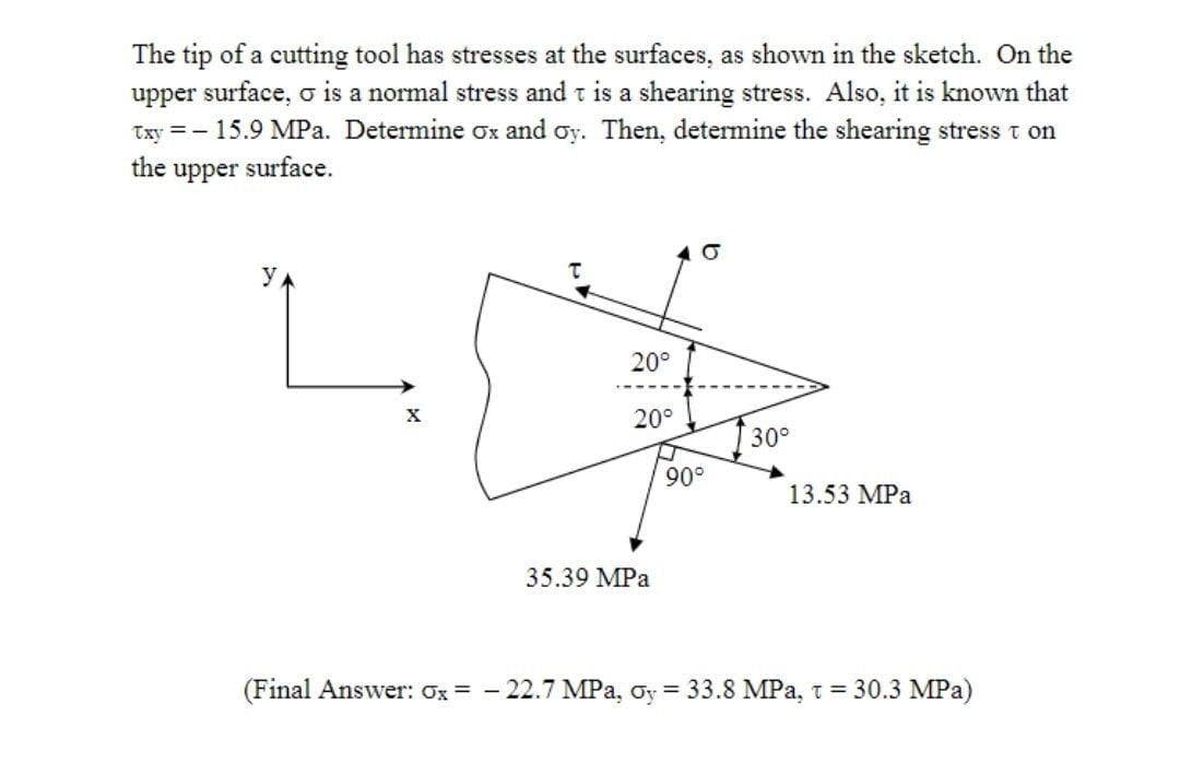 The tip of a cutting tool has stresses at the surfaces, as shown in the sketch. On the
upper surface, o is a normal stress and t is a shearing stress. Also, it is known that
Txy = - 15.9 MPa. Determine ox and oy. Then, determine the shearing stress t on
the upper surface.
y
20°
20°
30°
90°
13.53 MPa
35.39 MPa
(Final Answer: Ox = - 22.7 MPa, oy = 33.8 MPa, t = 30.3 MPa)
