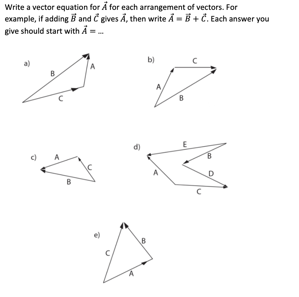 Write a vector equation for A for each arrangement of vectors. For
example, if adding B and C gives A, then write A = B + C. Each answer you
--
give should start with A = ...
b)
C
A
B
A
В
E
d)
A
В
A
B
A
