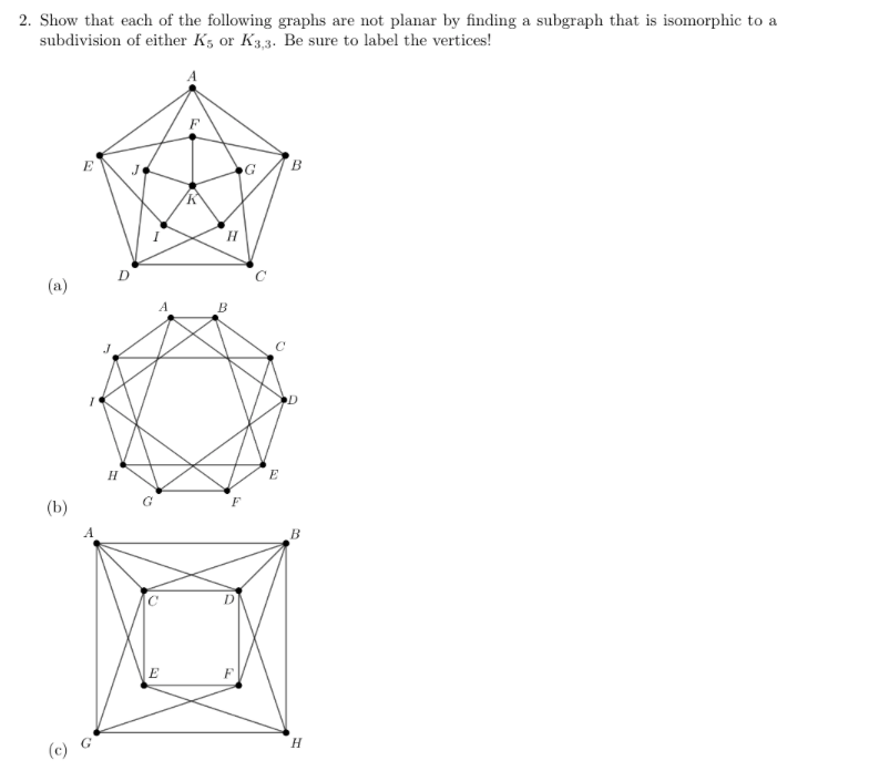 2. Show that each of the following graphs are not planar by finding a subgraph that is isomorphic to a
subdivision of either K5 or K3,3. Be sure to label the vertices!
(a)
(b)
(c)
E
D
H
15.
A
E
H
3
E
D
F
G
E
B
D
B
H