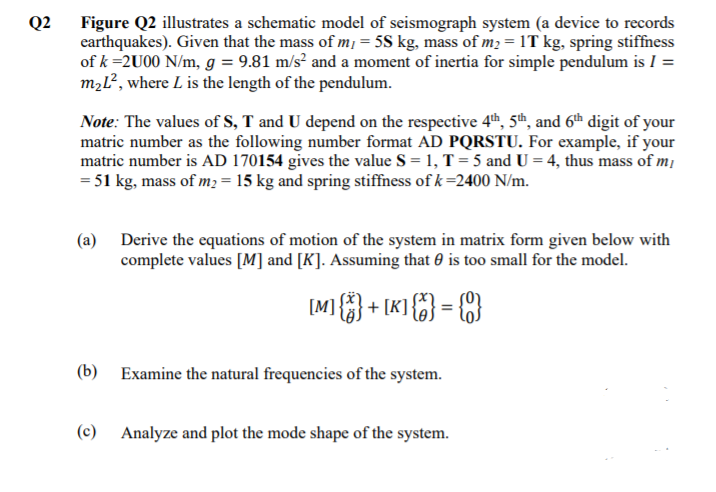 Q2
Figure Q2 illustrates a schematic model of seismograph system (a device to records
earthquakes). Given that the mass of m, = 5S kg, mass of m2 = 1T kg, spring stiffness
of k =2U00 N/m, g = 9.81 m/s² and a moment of inertia for simple pendulum is I =
m2l?, where L is the length of the pendulum.
Note: The values of S, T and U depend on the respective 4th, 5th, and 6th digit of your
matric number as the following number format AD PQRSTU. For example, if your
matric number is AD 170154 gives the value S = 1, T = 5 and U = 4, thus mass of m¡
= 51 kg, mass of m2 = 15 kg and spring stiffness of k =2400 N/m.
(a)
Derive the equations of motion of the system in matrix form given below with
complete values [M] and [K]. Assuming that 0 is too small for the model.
[M]} + [K]{%} = {}
(b)
Examine the natural frequencies of the system.
(c)
Analyze and plot the mode shape of the system.
