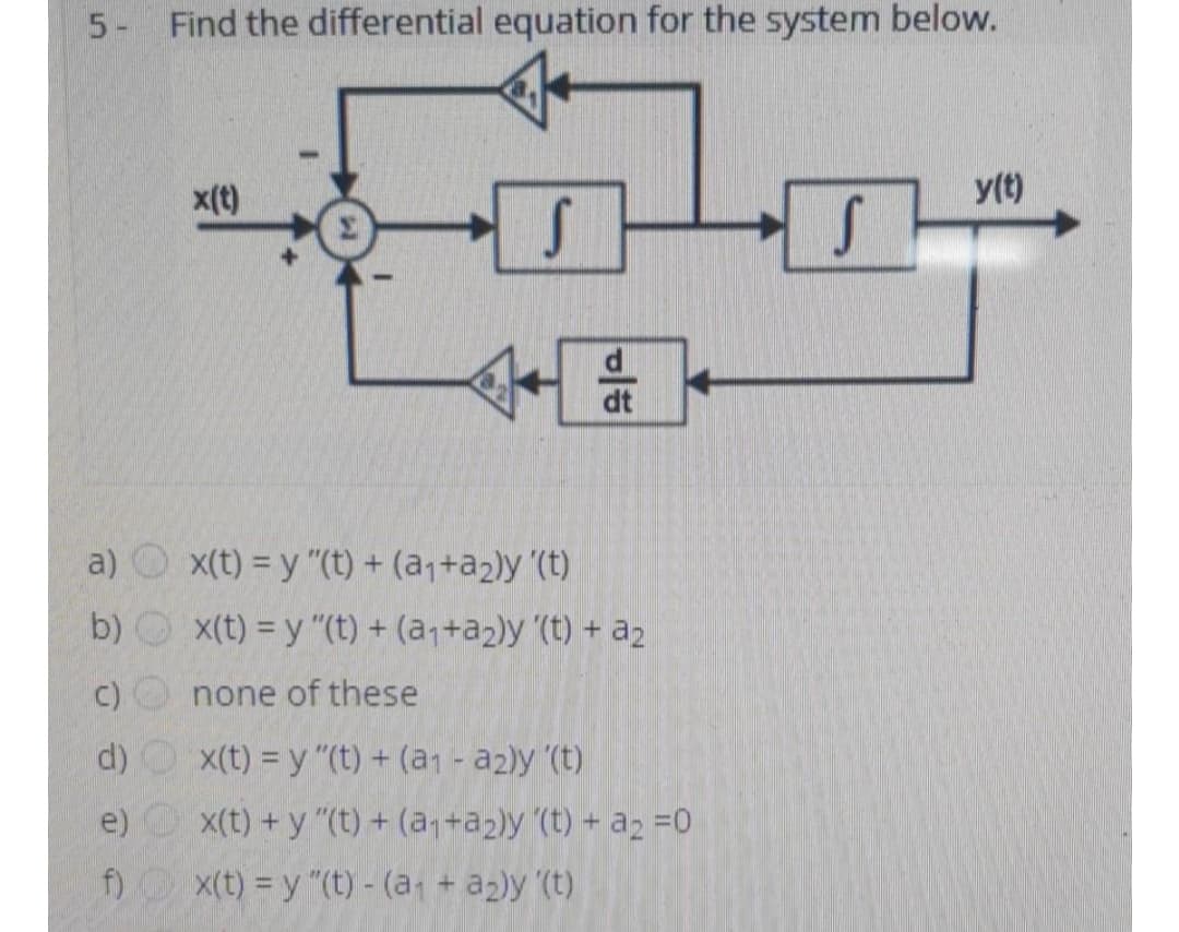 5- Find the differential equation for the system below.
x(t)
y(t)
a) O x(t) = y "(t) + (a,+a2)y (t)
b) x(t) = y "(t) + (a,+a2)y '(t) + a2
C)
none of these
d) x(t) = y "(t) + (a1 - a2)y (t)
e) x(t) +y "(t) + (a+a2)y (t) + a2 =0
f) x(t) = y "(t) - (a + a2)y (t)
