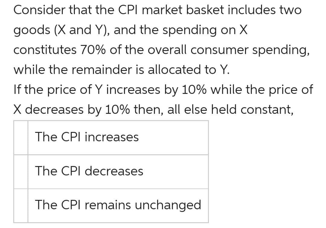 Consider that the CPI market basket includes two
goods (X and Y), and the spending on X
constitutes 70% of the overall consumer spending,
while the remainder is allocated to Y.
If the price of Y increases by 10% while the price of
X decreases by 10% then, all else held constant,
The CPI increases
The CPI decreases
The CPI remains unchanged
