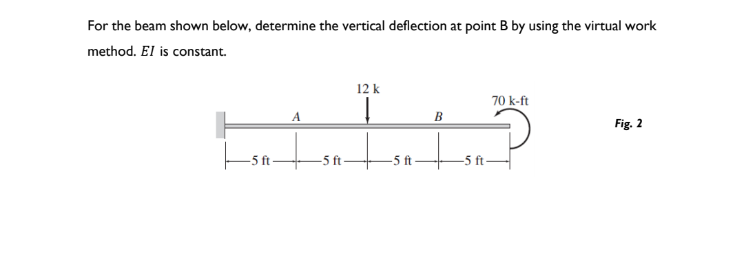 For the beam shown below, determine the vertical deflection at point B by using the virtual work
method. El is constant.
-5 ft
A
-5 ft
12 k
-5 ft
B
-5 ft
70 k-ft
Fig. 2