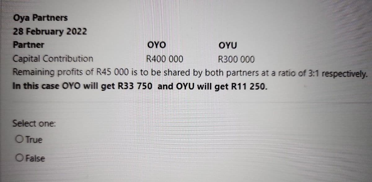 Oya Partners
28 February 2022
Partner
OYO
OYU
Capital Contribution
R400 000
R300 000
Remaining profits of R45 000 is to be shared by both partners at a ratio of 3:1 respectively.
In this case OYO will get R33 750 and OYU will get R11 250.
Select one:
O True
O False