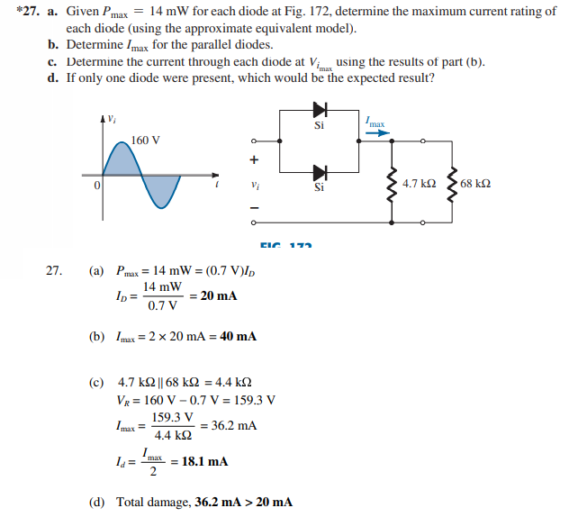 *27. a. Given Pmax = 14 mW for each diode at Fig. 172, determine the maximum current rating of
each diode (using the approximate equivalent model).
b. Determine Imax for the parallel diodes.
c. Determine the current through each diode at V; using the results of part (b).
d. If only one diode were present, which would be the expected result?
Imax
Si
160 V
Si
4.7 k2
68 k2
CIC
27.
(a) Pmax = 14 mW = (0.7 V)I,
14 mW
Ip =
0.7 V
20 mA
(b) Imax = 2 x 20 mA = 40 mA
(c) 4.7 k2 || 68 k2 = 4.4 k2
VR = 160 V – 0.7 V = 159.3 V
159.3 V
= 36.2 mA
%3D
4.4 k2
max
= 18.1 mA
(d) Total damage, 36.2 mA > 20 mA
