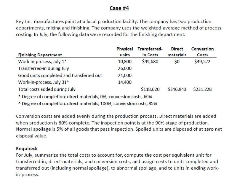 Case #4
Rey Inc. manufactures paint at a local production facility. The company has two production
departments, mixing and finishing. The company uses the weighted-average method of process
costing. In July, the following data were recorded for the finishing department:
Finishing Department
Work-in-process, July 1*
Transferred-in during July
Good units completed and transferred out
Physical Transferred- Direct
units
in Costs materials
$0
10,800
$49,680
26,600
21,600
14,400
Work-in-process, July 31^
Total costs added during July
$118,620
* Degree of completion: direct materials, 0%; conversion costs, 60%
^ Degree of completion: direct materials, 100%; conversion costs, 85%
$246,840
Conversion
Costs
$49,572
$231,228
Conversion costs are added evenly during the production process. Direct materials are added
when production is 80% complete. The inspection point is at the 90% stage of production.
Normal spoilage is 5% of all goods that pass inspection. Spoiled units are disposed of at zero net
disposal value.
Required:
For July, summarize the total costs to account for, compute the cost per equivalent unit for
transferred-in, direct materials, and conversion costs, and assign costs to units completed and
transferred out (including normal spoilage), to abnormal spoilage, and to units in ending work-
in-process.