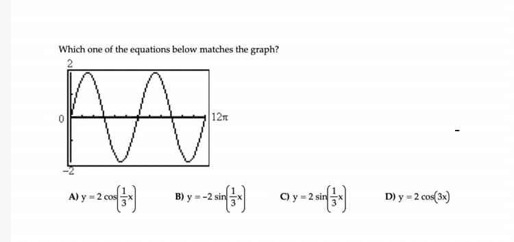 Which one of the equations below matches the graph?
2
12n
A) y = 2 cos
B) y = -2 sin
C) y = 2 sin
D) y = 2 cos(3x)
