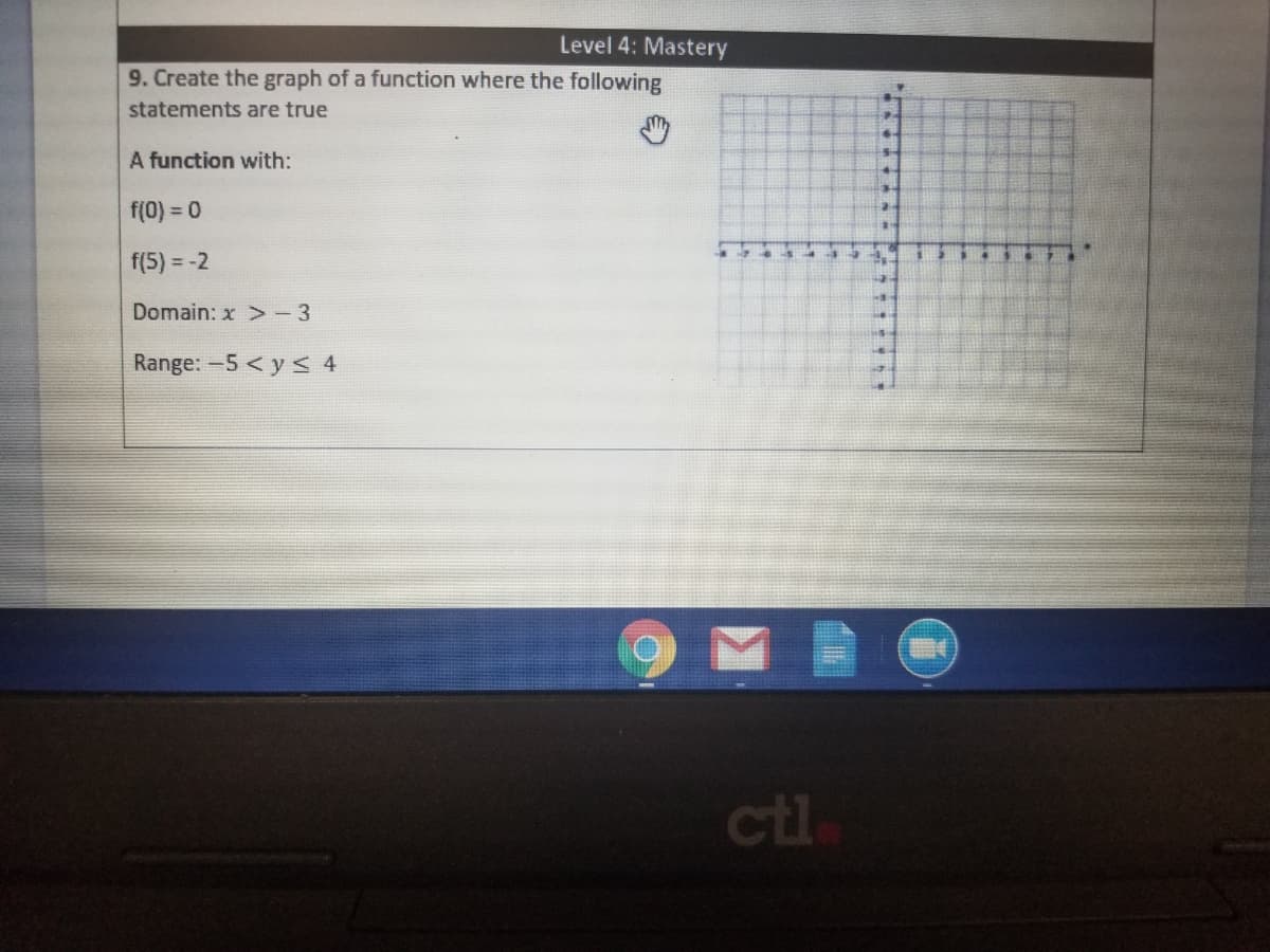 Level 4: Mastery
9. Create the graph of a function where the following
statements are true
A function with:
f(0) = 0
f(5) = -2
Domain: x - 3
Range: -5 < y S 4
