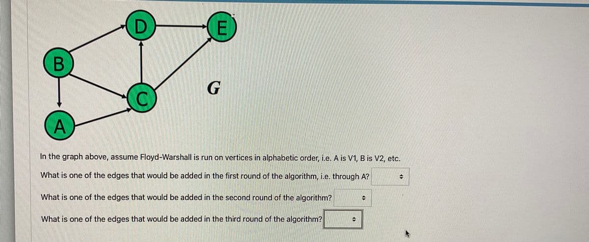 D
E
In the graph above, assume Floyd-Warshall is run on vertices in alphabetic order, i.e. A is V1, B is V2, etc.
What is one of the edges that would be added in the first round of the algorithm, i.e. through A?
What is one of the edges that would be added in the second round of the algorithm?
What is one of the edges that would be added in the third round of the algorithm?
B
