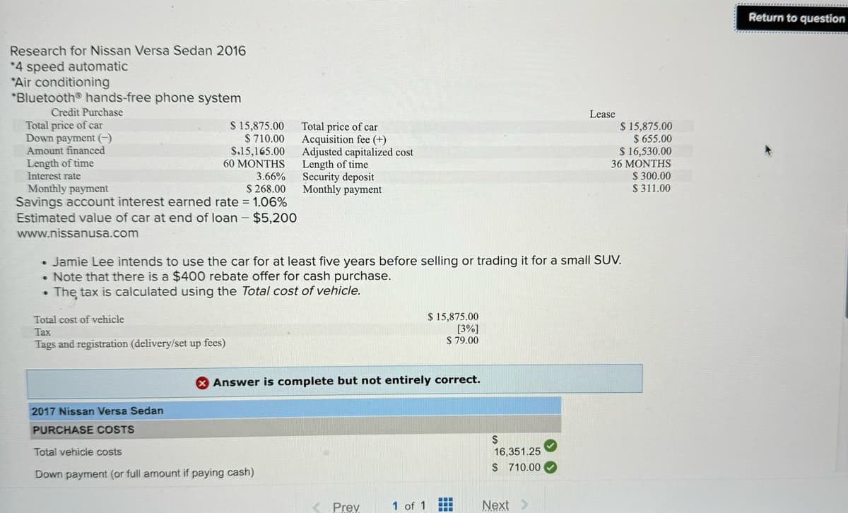 Research for Nissan Versa Sedan 2016
*4 speed automatic
"Air conditioning
*Bluetooth® hands-free phone system
Credit Purchase
Total price of car
Down payment (-)
Amount financed
Length of time
Interest rate
Monthly payment
$ 15,875.00
$ 710.00
$.15,165.00
60 MONTHS
$ 268.00
Total price of car
Acquisition fee (+)
Adjusted capitalized cost
Length of time
3.66%
Security deposit
Monthly payment
Savings account interest earned rate = 1.06%
Lease
$ 15,875.00
$655.00
$ 16,530.00
36 MONTHS
$ 300.00
Estimated value of car at end of loan - $5,200
www.nissanusa.com
• Jamie Lee intends to use the car for at least five years before selling or trading it for a small SUV.
Note that there is a $400 rebate offer for cash purchase.
•
The tax is calculated using the Total cost of vehicle.
Total cost of vehicle
Tax
Tags and registration (delivery/set up fees)
$ 15,875.00
[3%]
$ 79.00
Answer is complete but not entirely correct.
2017 Nissan Versa Sedan
PURCHASE COSTS
Total vehicle costs
Down payment (or full amount if paying cash)
$
16,351.25
$ 710.00
<Prev
1 of 1
Next >
$ 311.00
Return to question