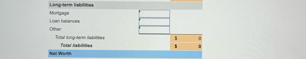 Long-term liabilities
Mortgage
Loan balances
Other
Total long-term liabilities
Total liabilities
Net Worth
$
0
$
0