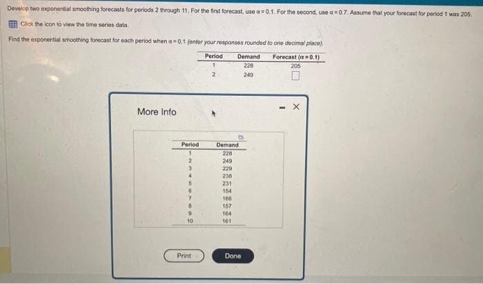Develop two exponential smoothing forecasts for periods 2 through 11. For the first forecast, use a=0.1. For the second, use a=0.7. Assume that your forecast for period 1 was 205.
Click the icon to view the time series data.
Find the exponential smoothing forecast for each period when a=0:1 (enter your responses rounded to one decimal place).
Period
Forecast (0.1)
205
1
2
More Info
Period
1
2
3
4
5
6
7
8
9
10
Print
Demand
228
249
229
238
231
154
166
157
Demand
228
249
164
161
Done