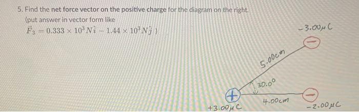 5. Find the net force vector on the positive charge for the diagram on the right.
(put answer in vector form like
F3-0.333 × 10³ Ni - 1.44 × 10³ N
+
+3.00μC
5.00cm
30.00
4.00cm
-3.00μC
O
-2.00μc