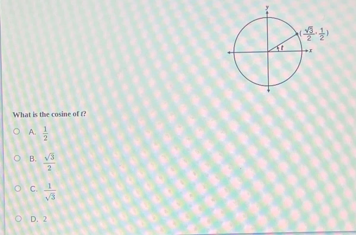 What is the cosine of t?
O A. 1
2
O B. V3
2
O C. 1
V3
O D. 2
