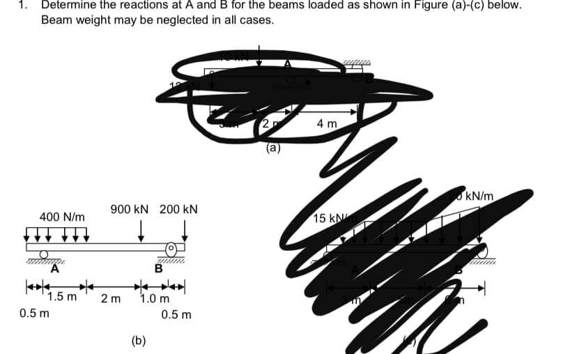 1. Determine the reactions at A and B for the beams loaded as shown in Figure (a)-(c) below.
Beam weight may be neglected in all cases.
21
4 m
kN/m
900 kN 200 kN
400 N/m
15 kN
B
* der|
1.0 m
1.5 m
2 m
0.5 m
0.5 m
(b)
