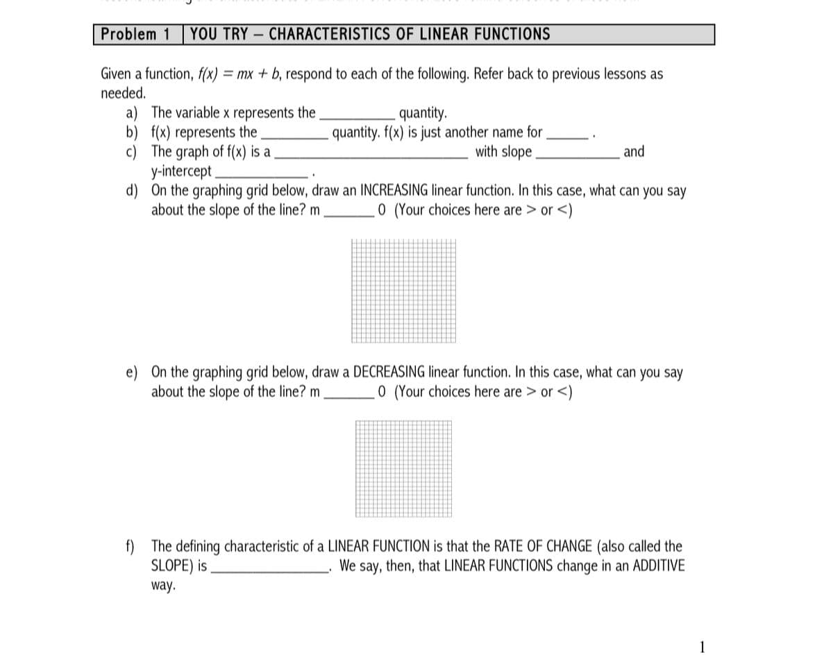 Problem 1 YOU TRY - CHARACTERISTICS OF LINEAR FUNCTIONS
Given a function, f(x) = mx + b, respond to each of the following. Refer back to previous lessons as
needed.
a) The variable x represents the.
quantity.
b) f(x) represents the
quantity. f(x) is just another name for
with slope
c) The graph of f(x) is a
and
y-intercept
d)
On the graphing grid below, draw an INCREASING linear function. In this case, what can you say
about the slope of the line? m 0 (Your choices here are > or <)
|
e) On the graphing grid below, draw a DECREASING linear function. In this case, what can you say
about the slope of the line? m
0 (Your choices here are > or <)
f) The defining characteristic of a LINEAR FUNCTION is that the RATE OF CHANGE (also called the
SLOPE) is
We say, then, that LINEAR FUNCTIONS change in an ADDITIVE
way.
1