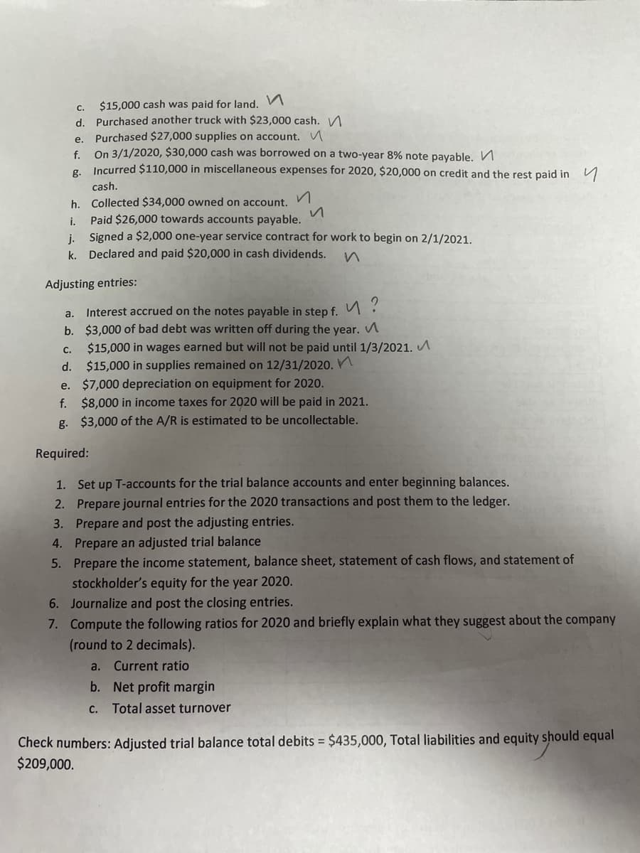 $15,000 cash was paid for land. V
C.
d. Purchased another truck with $23,000 cash. A
Purchased $27,000 supplies on account. VM
On 3/1/2020, $30,000 cash was borrowed on a two-year 8% note payable. V
е.
f.
a Incurred $110,000 in miscellaneous expenses for 2020, $20,000 on credit and the rest paid in
cash.
h. Collected $34,000 owned on account.
in
Paid $26,000 towards accounts payable.
i.
i, Signed a $2,000 one-year service contract for work to begin on 2/1/2021.
k. Declared and paid $20,000 in cash dividends.
Adjusting entries:
Interest accrued on the notes payable in step f. M:
off during the year. A
а.
b. $3,000 of bad debt was
$15,000 in wages earned but will not be paid until 1/3/2021. u
$15,000 in supplies remained on 12/31/2020. n
с.
d.
e. $7,000 depreciation on equipment for 2020.
f.
$8,000 in income taxes for 2020 will be paid in 2021.
g. $3,000 of the A/R is estimated to be uncollectable.
Required:
1. Set up T-accounts for the trial balance accounts and enter beginning balances.
2. Prepare journal entries for the 2020 transactions and post them to the ledger.
3. Prepare and post the adjusting entries.
4. Prepare an adjusted trial balance
5. Prepare the income statement, balance sheet, statement of cash flows, and statement of
stockholder's equity for the year 2020.
6. Journalize and post the closing entries.
7. Compute the following ratios for 2020 and briefly explain what they suggest about the company
(round to 2 decimals).
a. Current ratio
b. Net profit margin
C. Total asset turnover
Check numbers: Adjusted trial balance total debits = $435,000, Total liabilities and equity should equal
$209,000.
