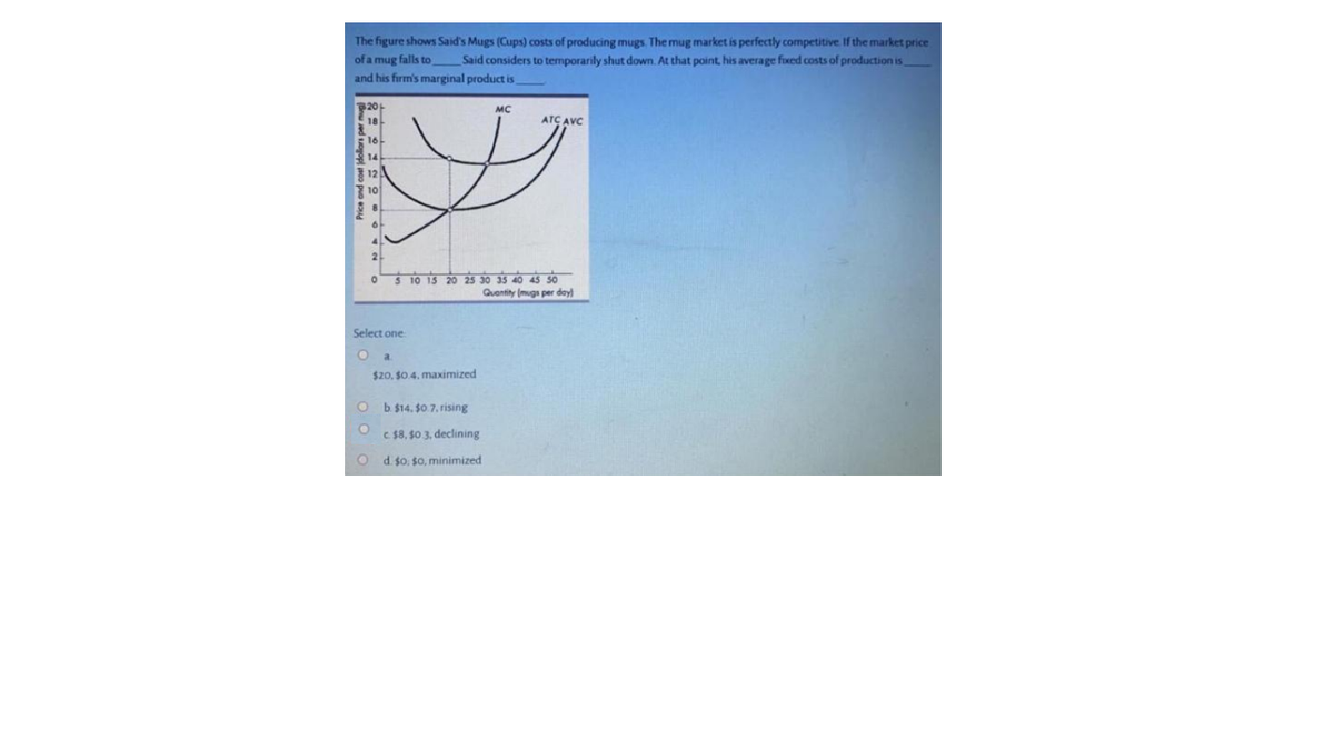 The figure shows Said's Mugs (Cups) costs of producing mugs. The mug market is perfectly competitive If the market price
of a mug falls to
Said considers to temporarily shut down. At that point, his average fxed costs of production is
and his firm's marginal product is
20
MC
ATC AVC
10 15 20 25 30 35 40 45 50
Quantity (mugs per day)
Select one
a.
$20, $0.4. maximized
b. $14. $0 7. rising
C $8, $0 3, declining
O d so, so, minimized
