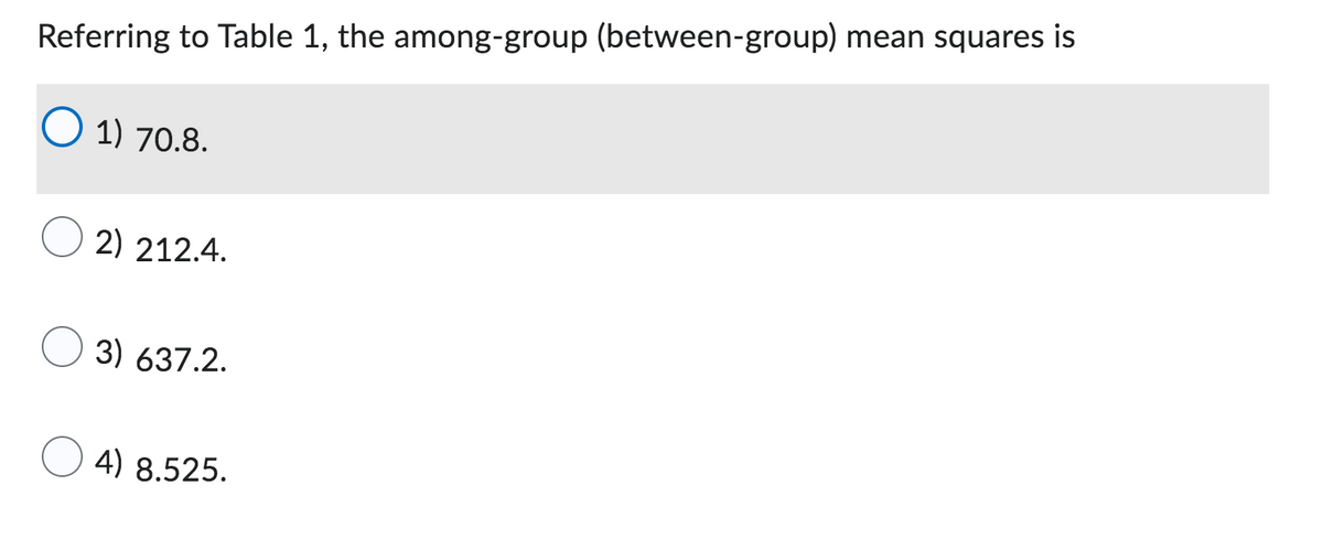 ### Referring to Table 1, the among-group (between-group) mean squares is

1) 70.8.
2) 212.4.
3) 637.2.
4) 8.525.

In this multiple-choice question, students are asked to identify the among-group (between-group) mean squares from data presented in Table 1. The correct answer is indicated by a blue circle highlighting the first option, 70.8.