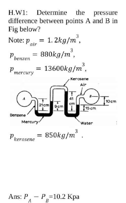 H.W1: Determine
the
pressure
difference between points A and B in
Fig below?
3
Note: p
= 1. 2kg/m',
air
3
Pbenzen = 880kg/m²,
13600kg/m’,
3
Pmercury
Kerosene
Air
41
10cm
21cm
9cm
15 cm
Benzene
Mercury
Water
3
850kg/m .
cerosene
Ans: P, - P =10.2 Kpa
A
