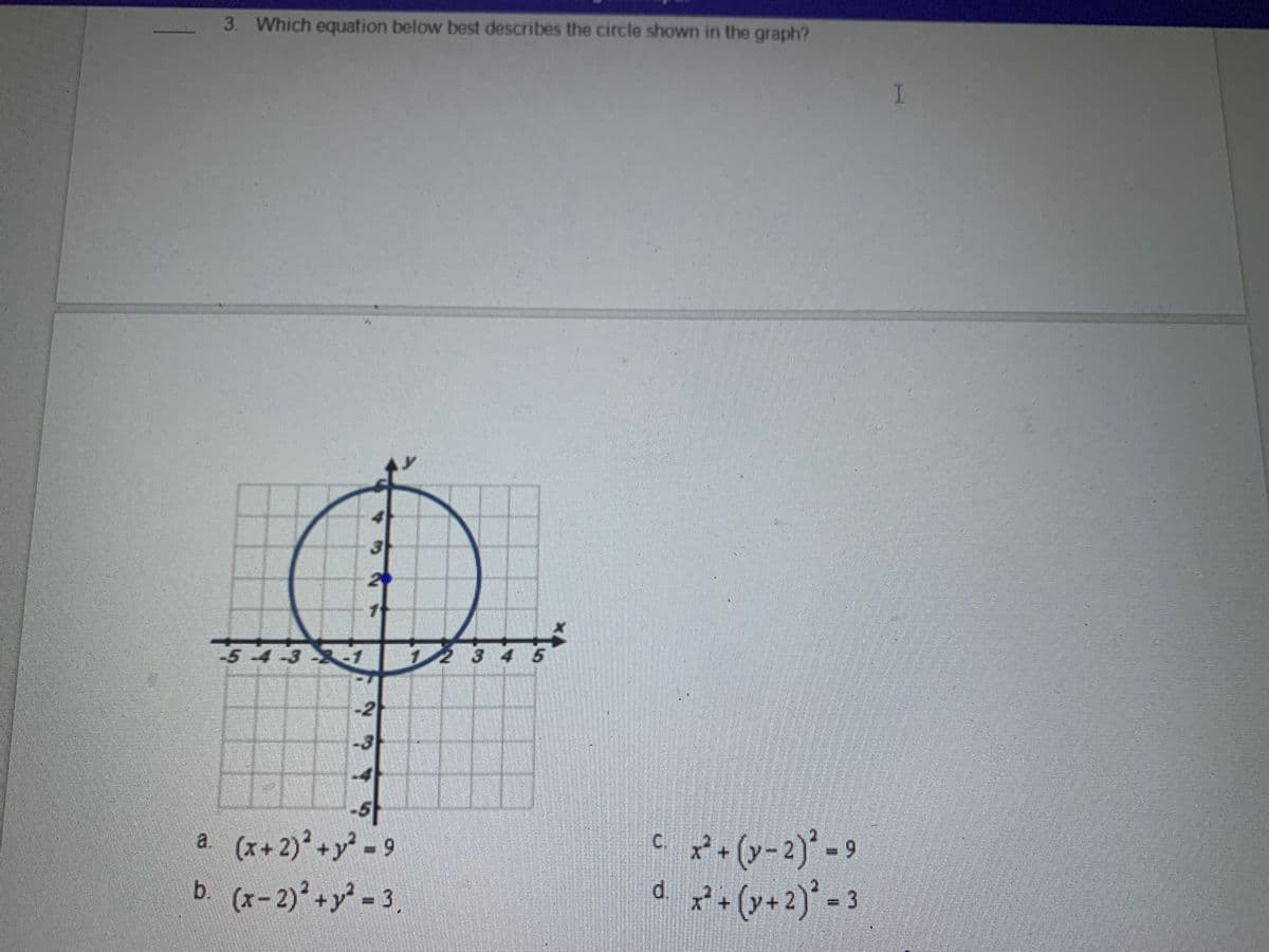 3. Which equation below best describes the circle shown in the graph?
5 4-3 1
-2
5
a. (x+2)° +y^ = 9
C.
+.
b (x-2)* +y? =3.
d.
