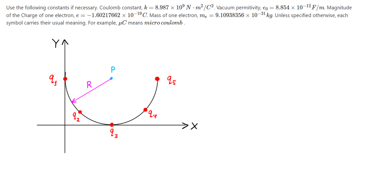 Use the following constants if necessary. Coulomb constant, k = 8.987 × 10º N · m² /C². Vacuum permitivity, €o = 8.854 × 10-12 F/m. Magnitude
of the Charge of one electron, e = -1.60217662 × 10¬19 C. Mass of one electron, mẹ = 9.10938356 × 10 kg. Unless specified otherwise, each
symbol carries their usual meaning. For example, uC means micro coulomb .
-31
P
R
