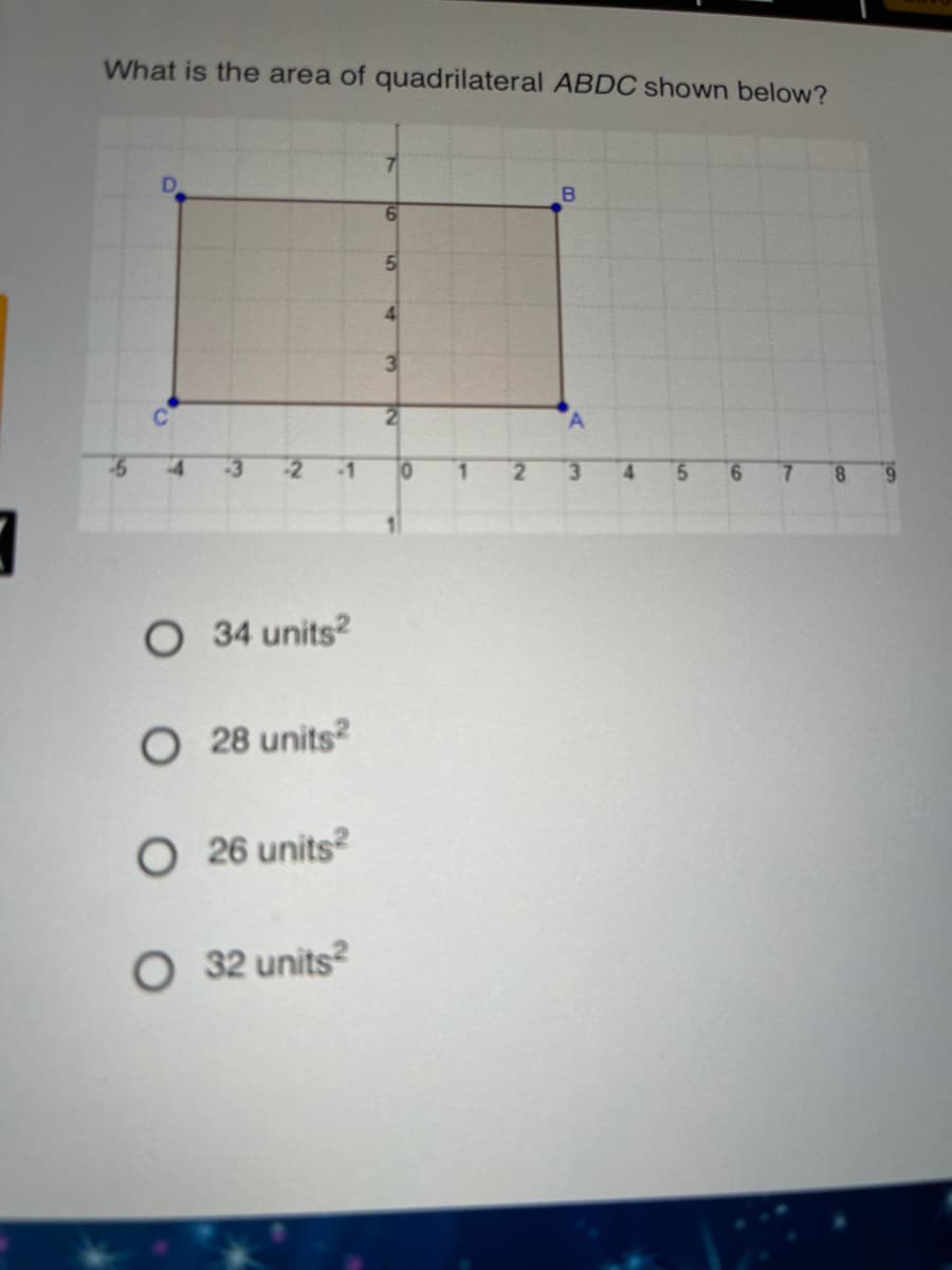 What is the area of quadrilateral ABDC shown below?
51
3
21
A.
-2
-1
4.
5.
6.
6.
O 34 units?
O 28 units?
O 26 units
O 32 units?
