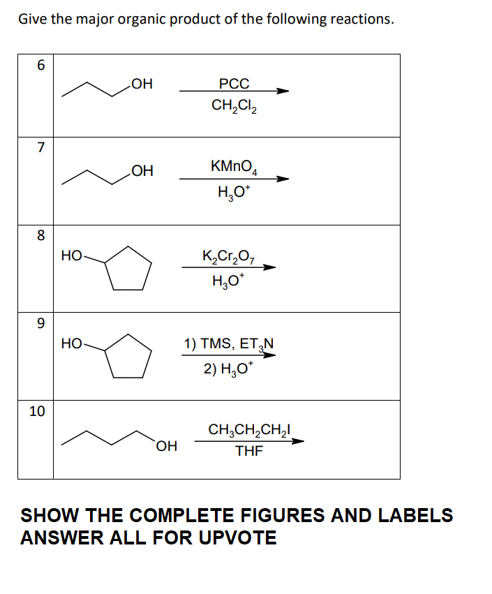 Give the major organic product of the following reactions.
6
7
8
9
10
HO-
HO
OH
OH
OH
PCC
CH₂Cl₂
KMnO
H₂O*
K₂Cr₂O7
H₂O*
1) TMS, ET₂N
2) H3O*
CH3CH₂CH₂
THF
SHOW THE COMPLETE FIGURES AND LABELS
ANSWER ALL FOR UPVOTE