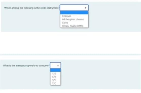 Which among the following is the credit instrument
Cheques
All the given choices
Coins
Omani Riyals (OMR)
What is the average propensity to consume?
Y/S
CN
S/N
Y/C
