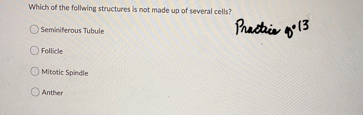 Which of the follwing structures is not made up of several cells?
Practris
Seminiferous Tubule
Follicle
O Mitotic Spindle
Anther
